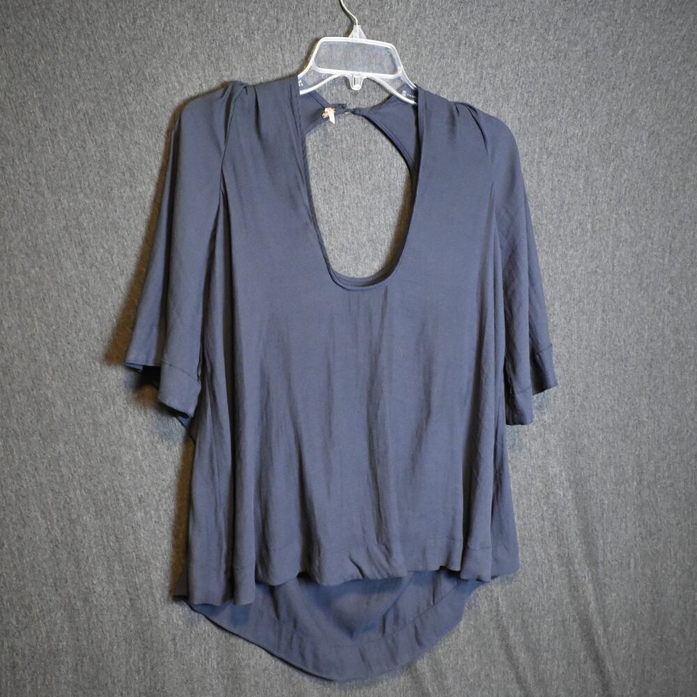 Free People Women's S Layered Tunic Blouse Back Cutout Navy Blue Boho Arty